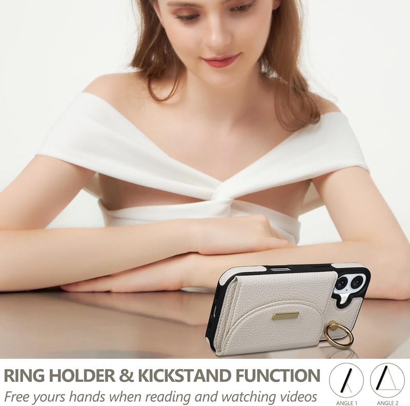 Keallce Wallet Case for iPhone 16 Plus 6.7'', Flip Case with Card Slots, Ring Holder Kickstand, PU Leather Protective Folio Cover for Women, Beige - Image 4